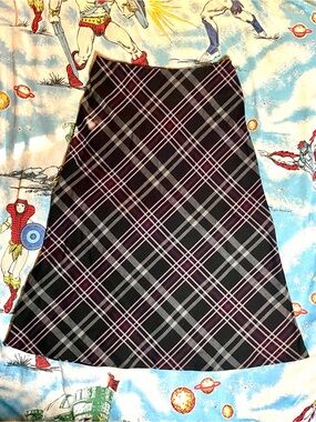Vintage Y2K Dark Gray & Burgundy Plaid A-Line Long Skirt With Pink Lines sz 16